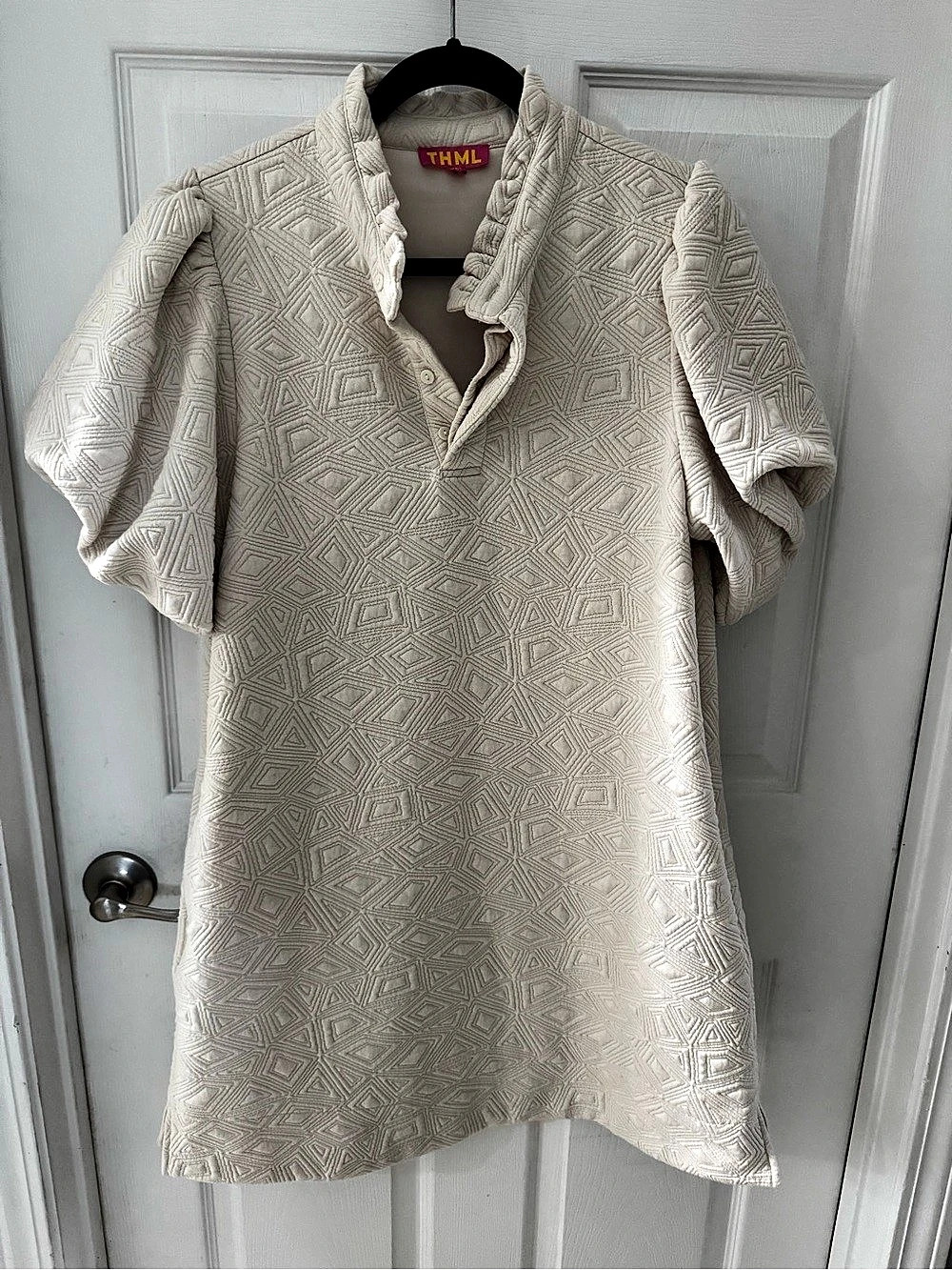 THML Ivory Textured Shift Dress Geometric Mini Dress Cream Large